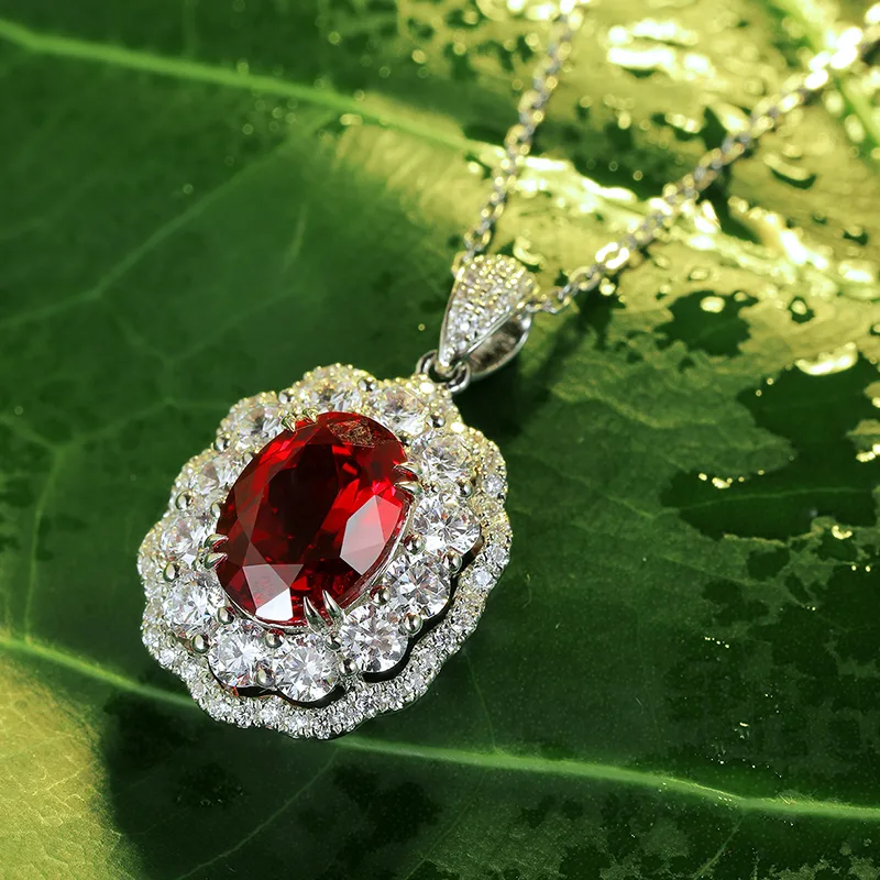 N047 Lab-Grown Ruby Necklace Red S925 White-Gold-Plated Silver Pendant 7*10mm/3.0ct