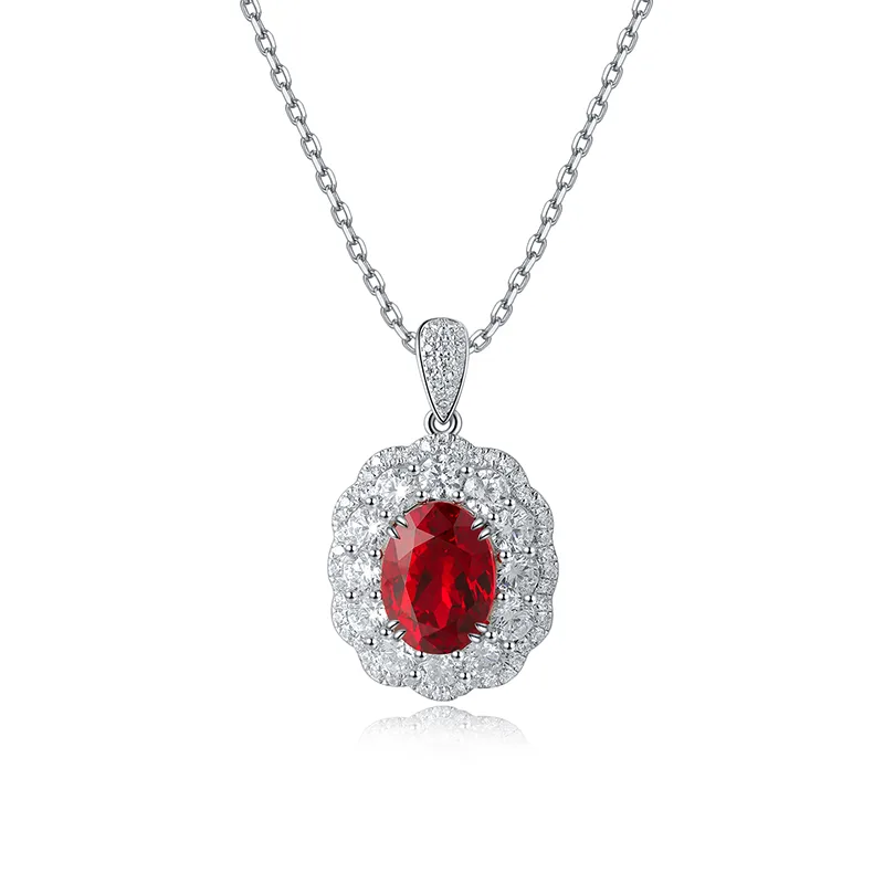 N047 Lab-Grown Ruby Necklace Red S925 White-Gold-Plated Silver Pendant 7*10mm/3.0ct