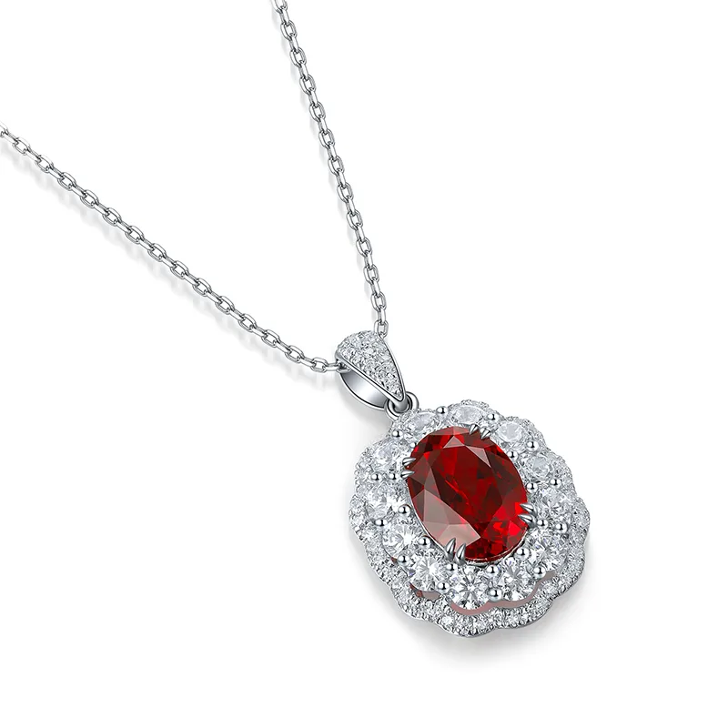 N047 Lab-Grown Ruby Necklace Red S925 White-Gold-Plated Silver Pendant 7*10mm/3.0ct