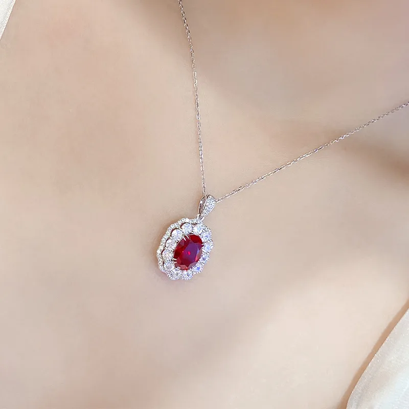 N047 Lab-Grown Ruby Necklace Red S925 White-Gold-Plated Silver Pendant 7*10mm/3.0ct