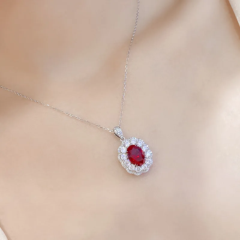 N047 Lab-Grown Ruby Necklace Red S925 White-Gold-Plated Silver Pendant 7*10mm/3.0ct