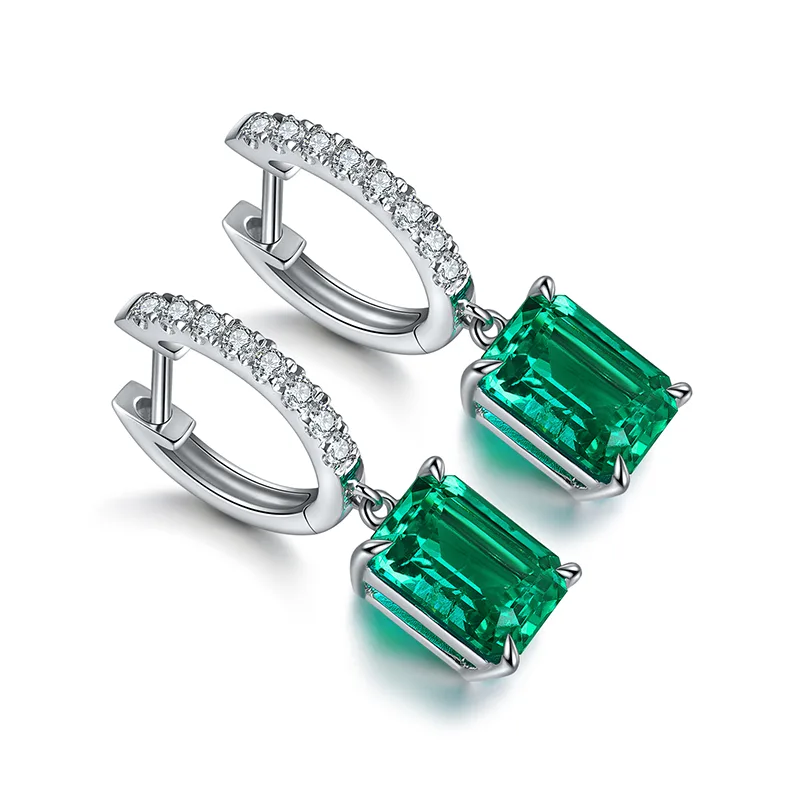 E099 Lab-Grown Emerald S925 White-Gold-Plated Silver Stud Earrings Center Stone 8*6mm/2.75ct