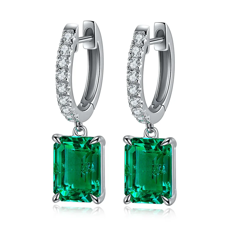 E099 Lab-Grown Emerald S925 White-Gold-Plated Silver Stud Earrings Center Stone 8*6mm/2.75ct