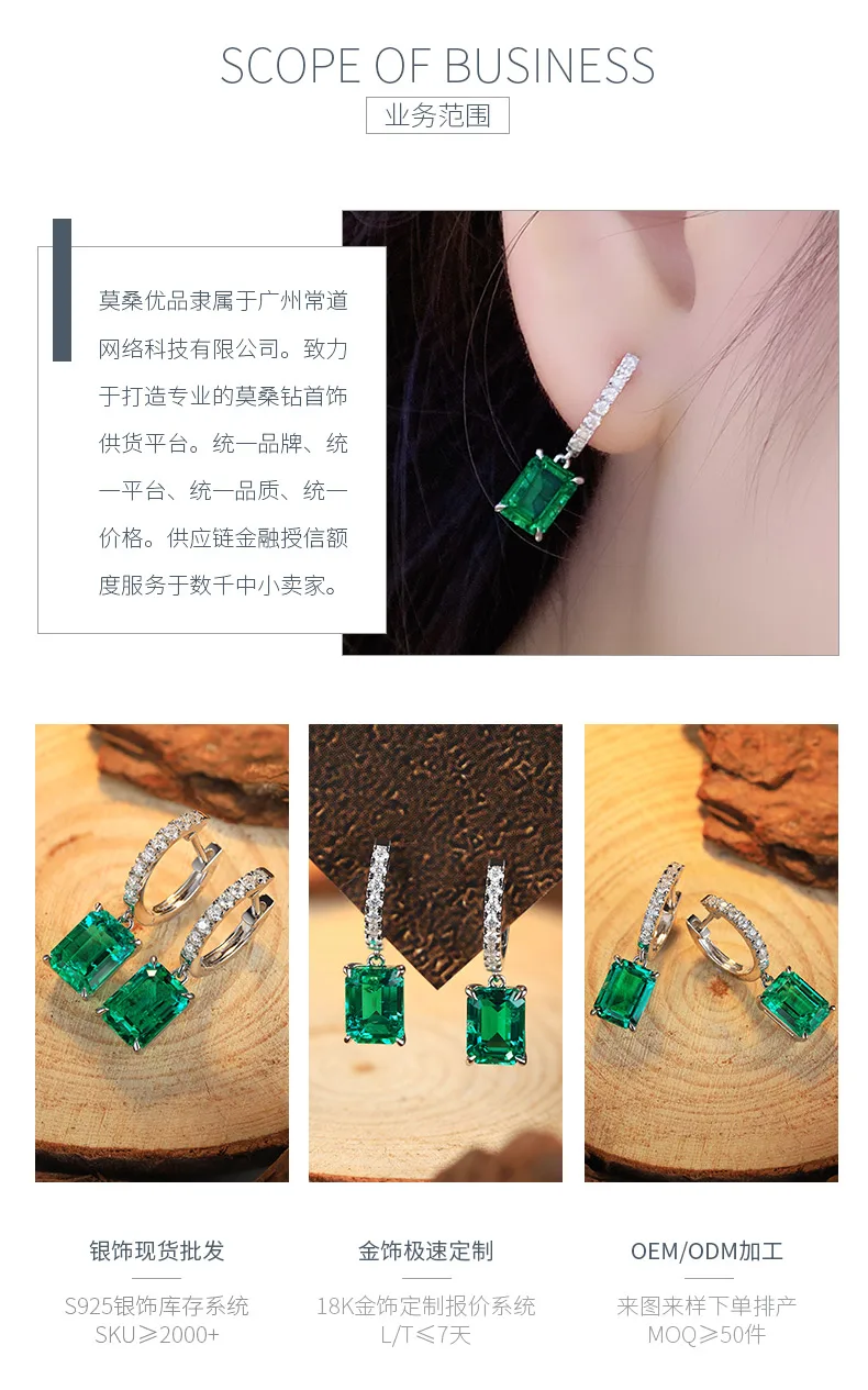 E099 Lab-Grown Emerald S925 White-Gold-Plated Silver Stud Earrings Center Stone 