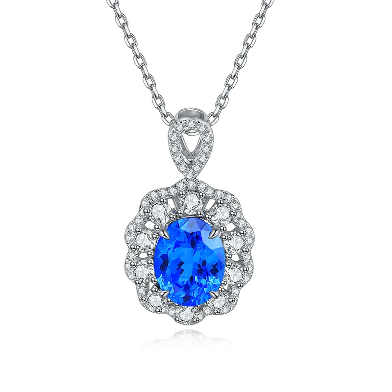 N103 Lab-Grown Cobalt Spinel S925 White-Gold-Plated Silver Necklace Blue Small Pendant 7*9mm/2.0ct
