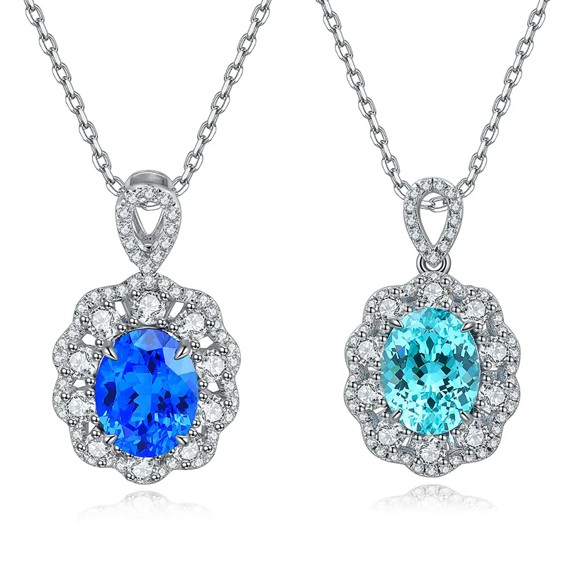 N103 Lab-Grown Cobalt Spinel S925 White-Gold-Plated Silver Necklace Blue Small Pendant 7*9mm/2.0ct