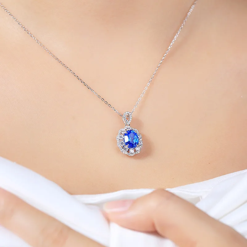 N103 Lab-Grown Cobalt Spinel S925 White-Gold-Plated Silver Necklace Blue Small Pendant 7*9mm/2.0ct