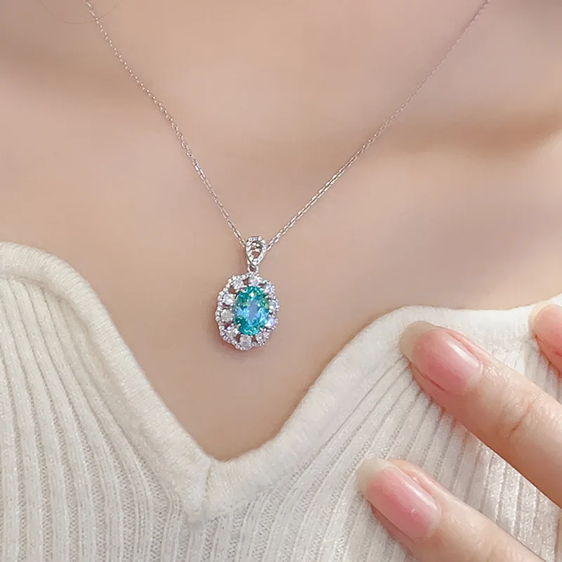 N103 Lab-Grown Cobalt Spinel S925 White-Gold-Plated Silver Necklace Blue Small Pendant 7*9mm/2.0ct
