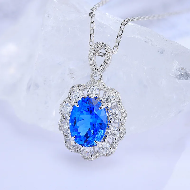 N103 Lab-Grown Cobalt Spinel S925 White-Gold-Plated Silver Necklace Blue Small Pendant 7*9mm/2.0ct