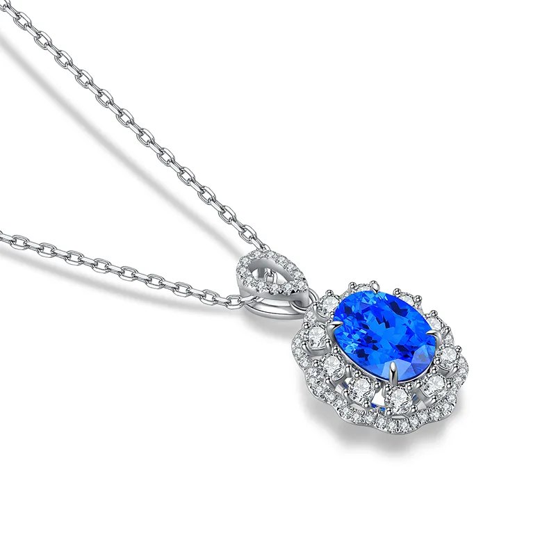 N103 Lab-Grown Cobalt Spinel S925 White-Gold-Plated Silver Necklace Blue Small Pendant 7*9mm/2.0ct