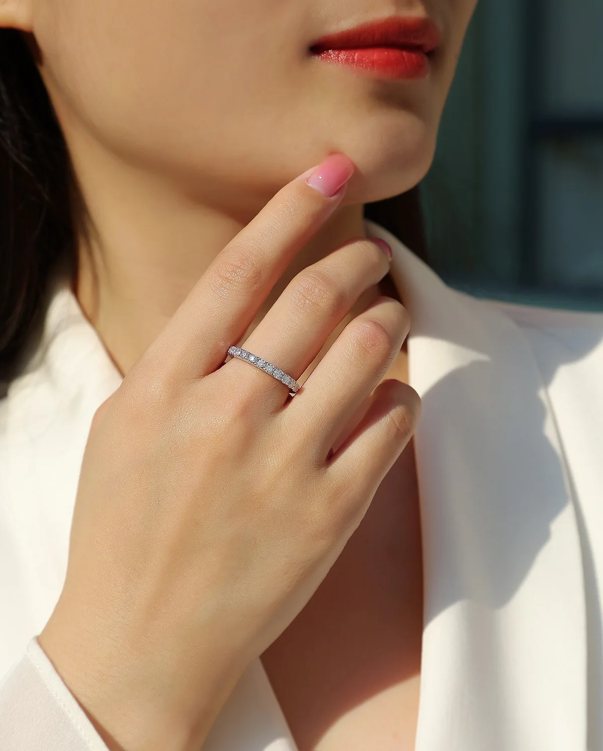 R13238 S925 Silver 18K White Gold Anniversary Ring Women's Ring Moissanite Melee 0.48CT