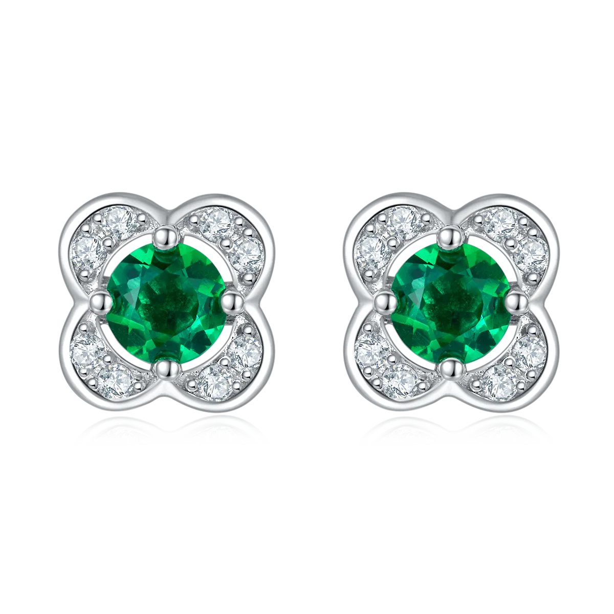 E2020422 Round Lab-Grown Emerald S925 White-Gold-Plated Silver Earrings 4.0mm/0.45CT