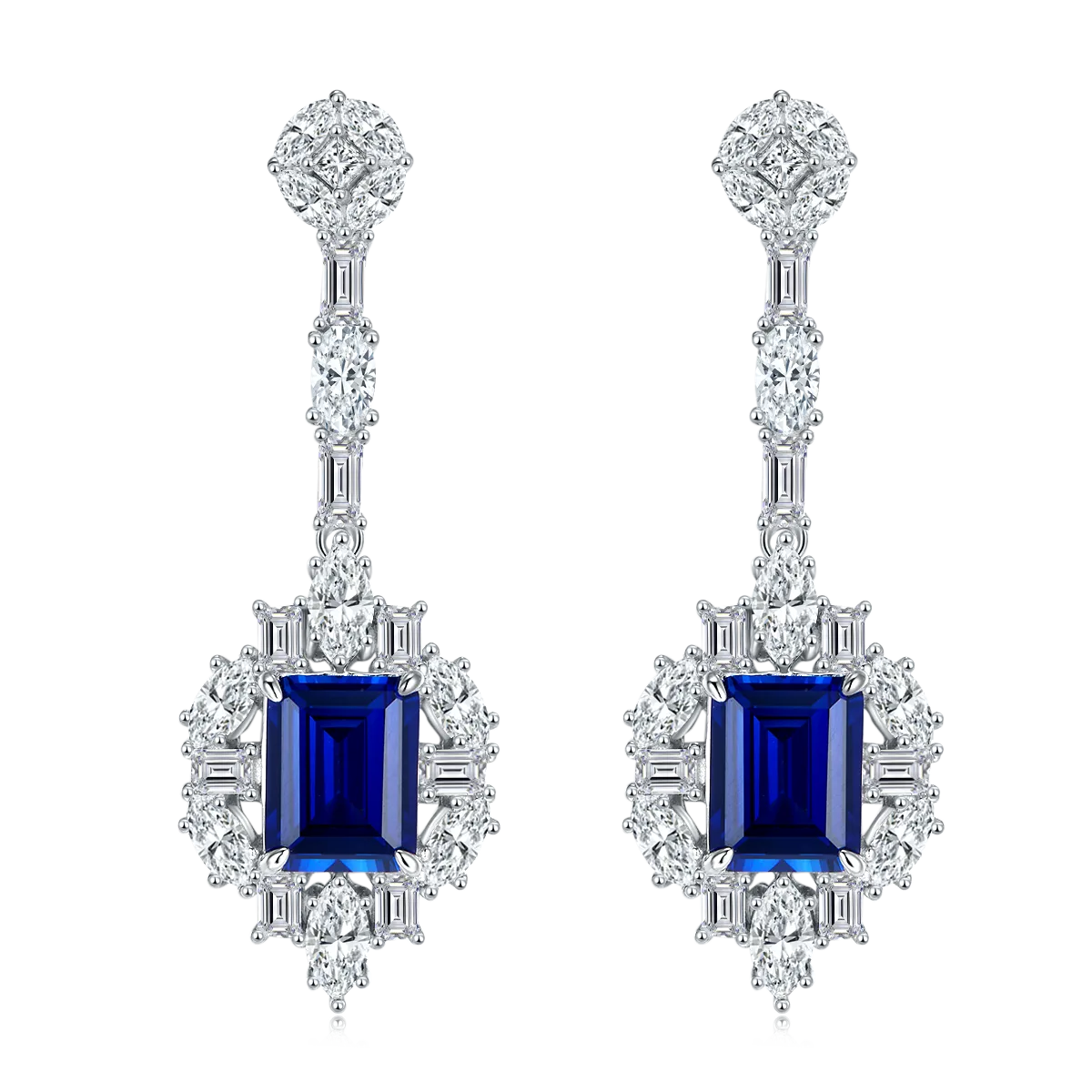 E0812B Rectangle Lab-Grown Sapphire S925 White-Gold-Plated Silver Earrings Center Stone 9*7mm/5.55CT