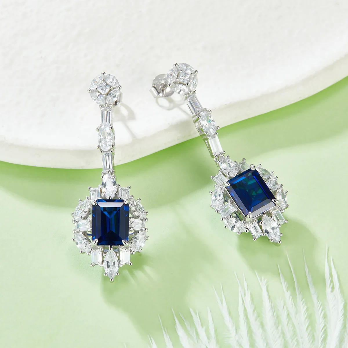 E0812B Rectangle Lab-Grown Sapphire S925 White-Gold-Plated Silver Earrings Center Stone 9*7mm/5.55CT