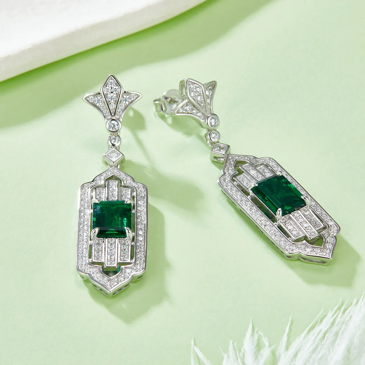 E0825 Rectangle Lab-Grown Emerald S925 White-Gold-Plated Silver Earrings Center Stone 9*7mm/3.65CT