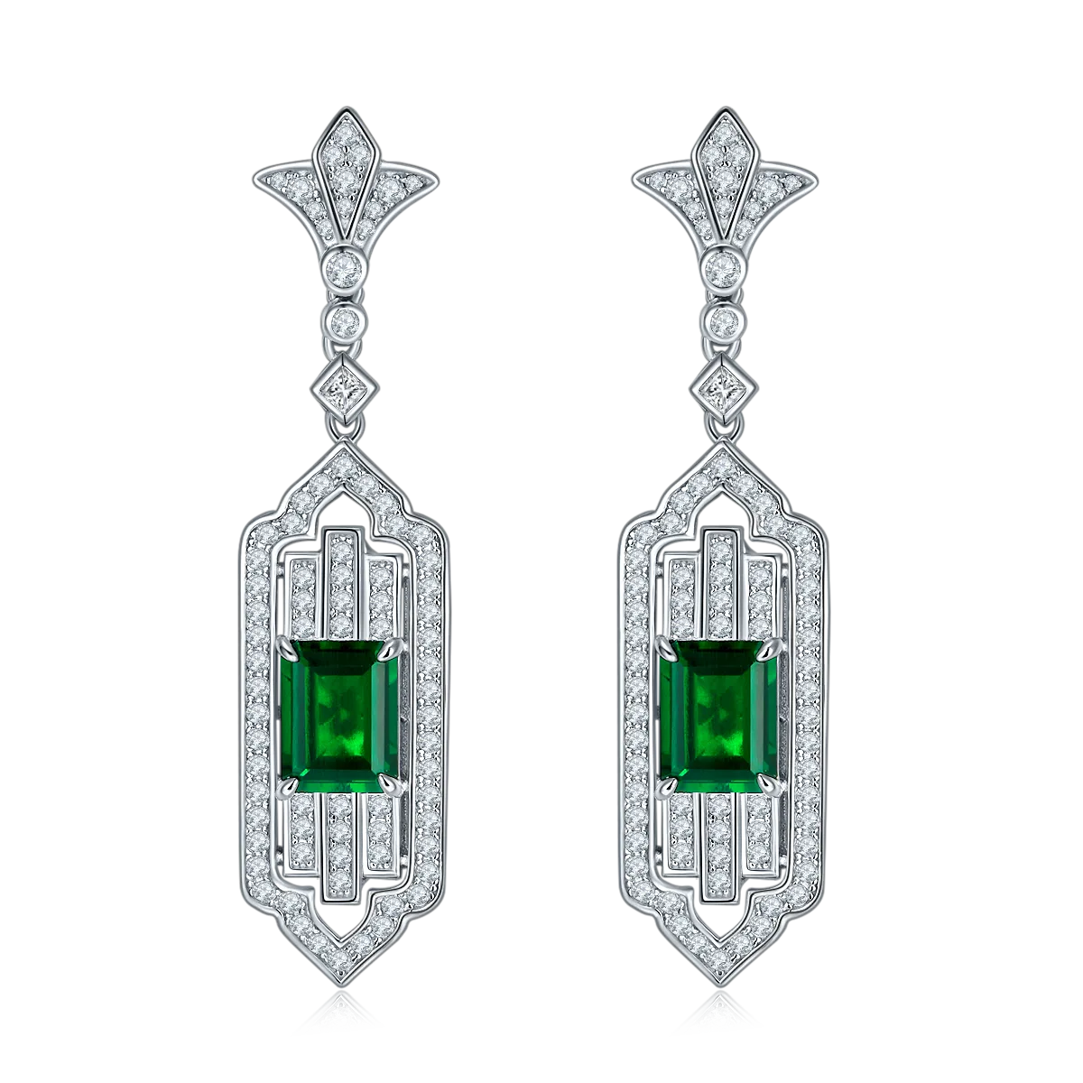 E0825 Rectangle Lab-Grown Emerald S925 White-Gold-Plated Silver Earrings Center Stone 9*7mm/3.65CT