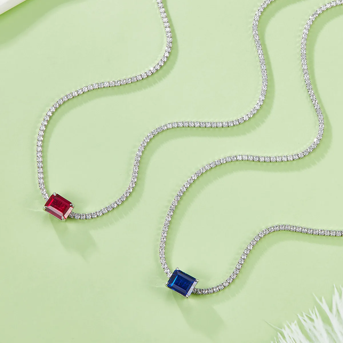 P3166 Rectangle Lab-Grown Gemstone S925 White-Gold-Plated Silver Necklace Center Stone 10*8mm/4.0CT