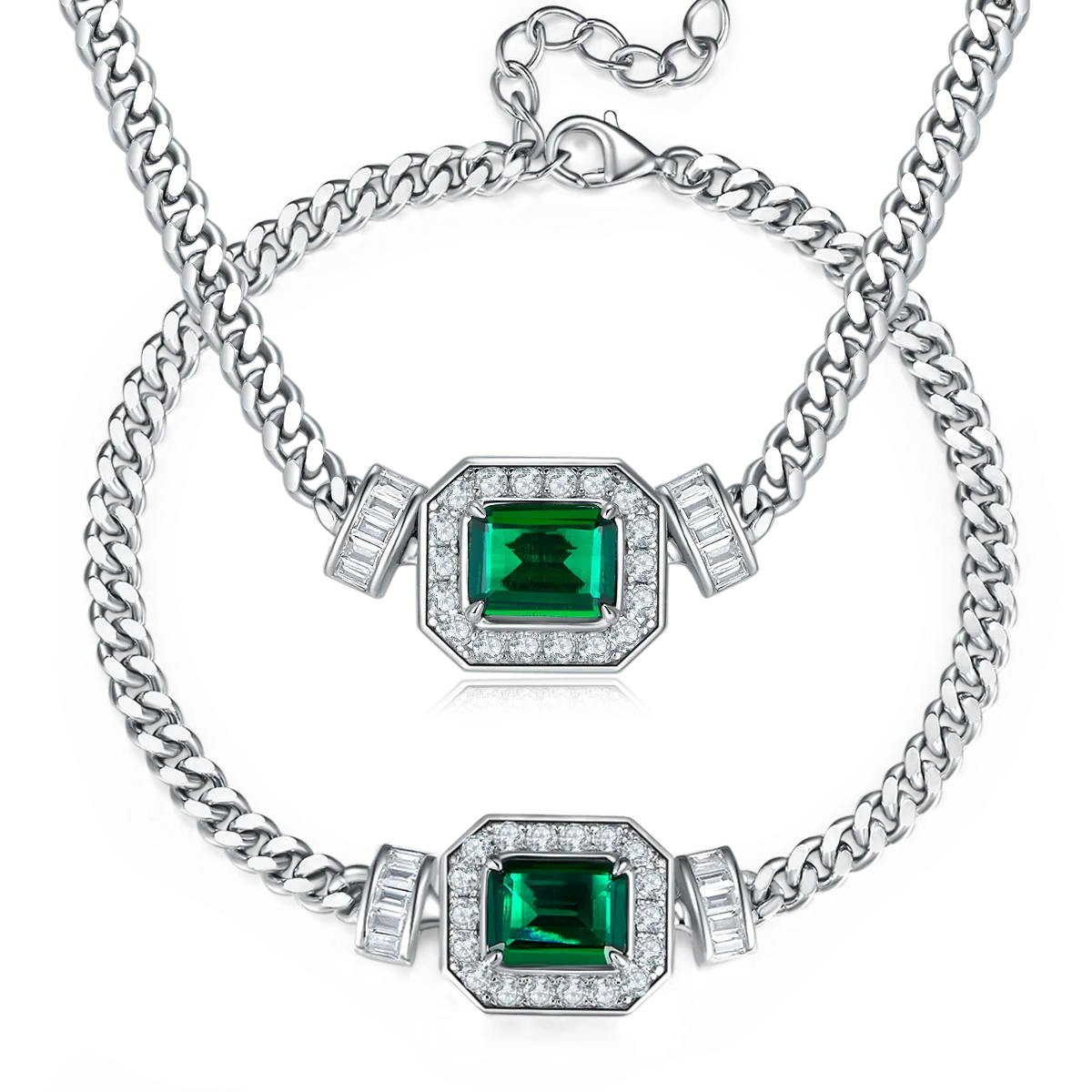 PL1548-1 Rectangle Lab-Grown Emerald S925 White-Gold-Plated Silver Necklace Bracelet Jewelry Set Center Stone 9*7mm/1.83CT
