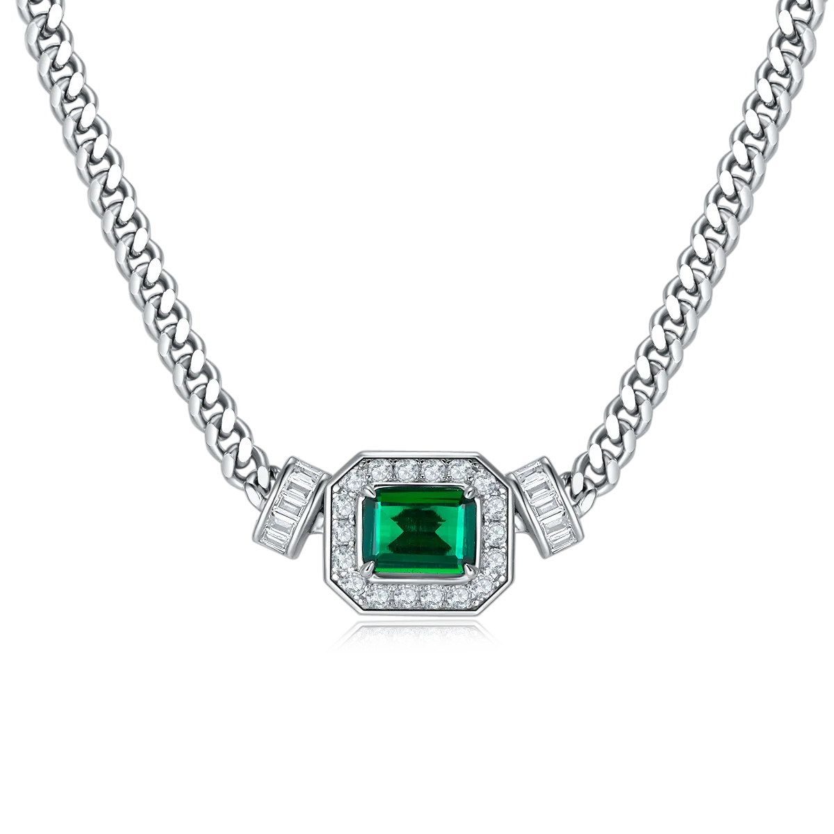 PL1548-1 Rectangle Lab-Grown Emerald S925 White-Gold-Plated Silver Necklace Bracelet Jewelry Set Center Stone 9*7mm/1.83CT