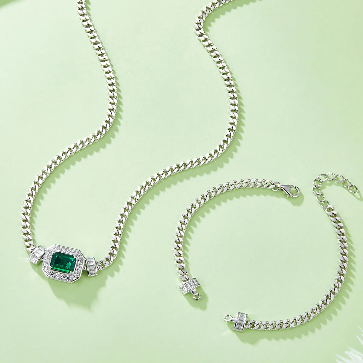 PL1548-1 Rectangle Lab-Grown Emerald S925 White-Gold-Plated Silver Necklace Bracelet Jewelry Set Center Stone 9*7mm/1.83CT