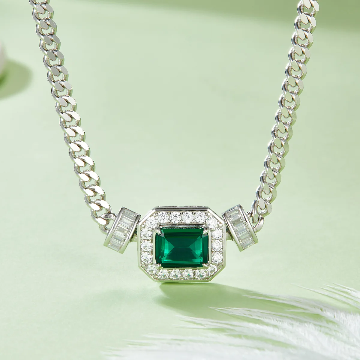 PL1548-1 Rectangle Lab-Grown Emerald S925 White-Gold-Plated Silver Necklace Bracelet Jewelry Set Center Stone 9*7mm/1.83CT