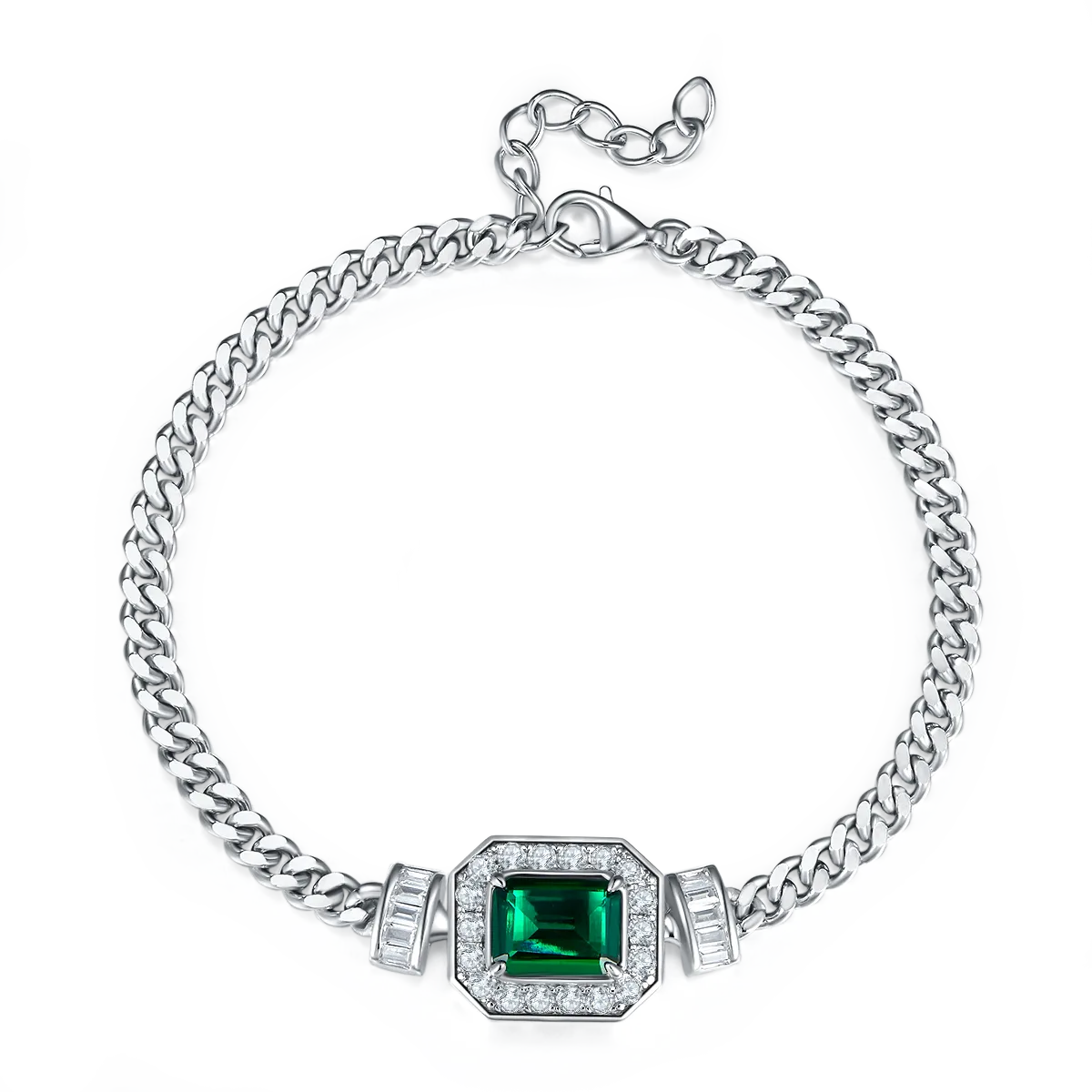 PL1548-1 Rectangle Lab-Grown Emerald S925 White-Gold-Plated Silver Necklace Bracelet Jewelry Set Center Stone 9*7mm/1.83CT
