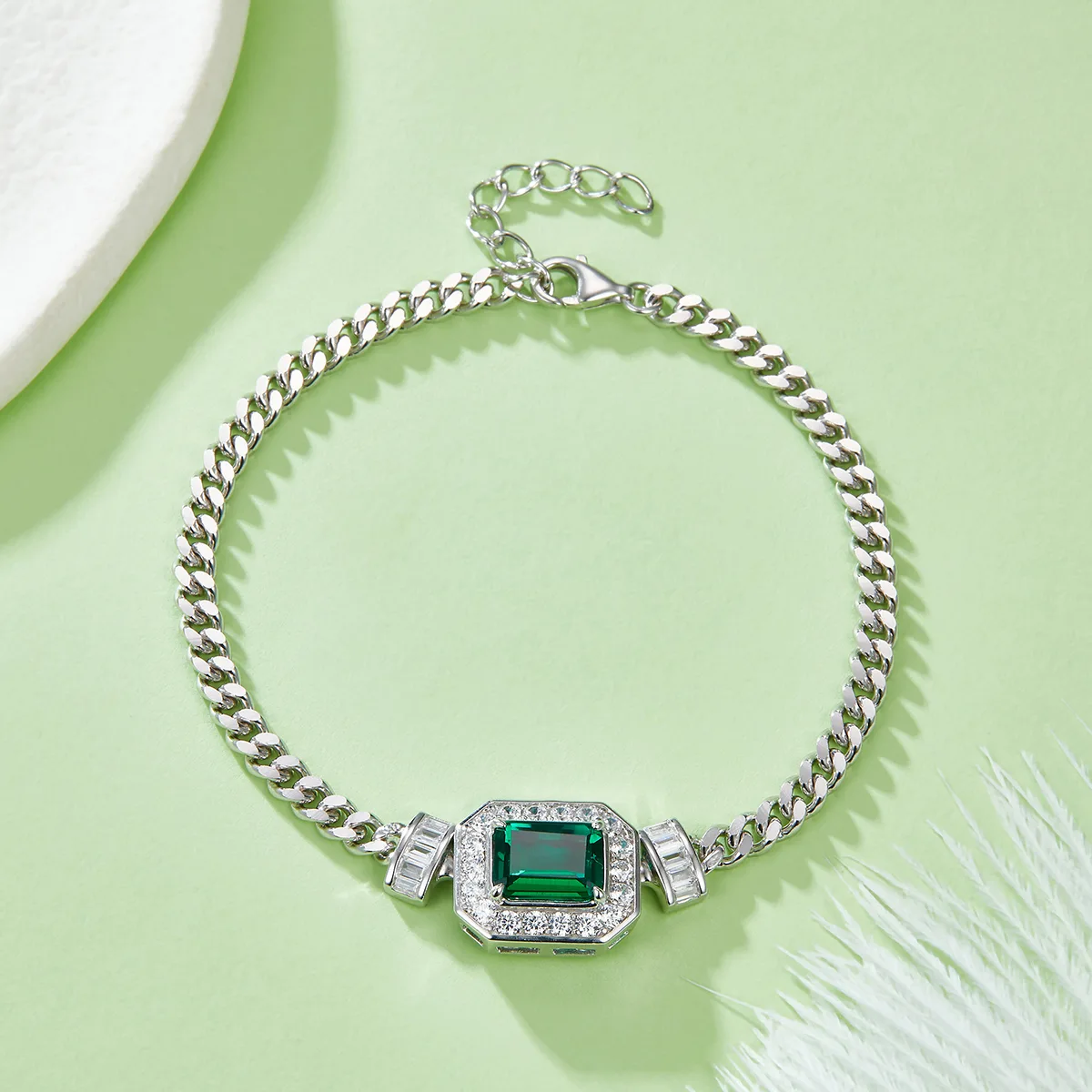PL1548-1 Rectangle Lab-Grown Emerald S925 White-Gold-Plated Silver Necklace Bracelet Jewelry Set Center Stone 9*7mm/1.83CT