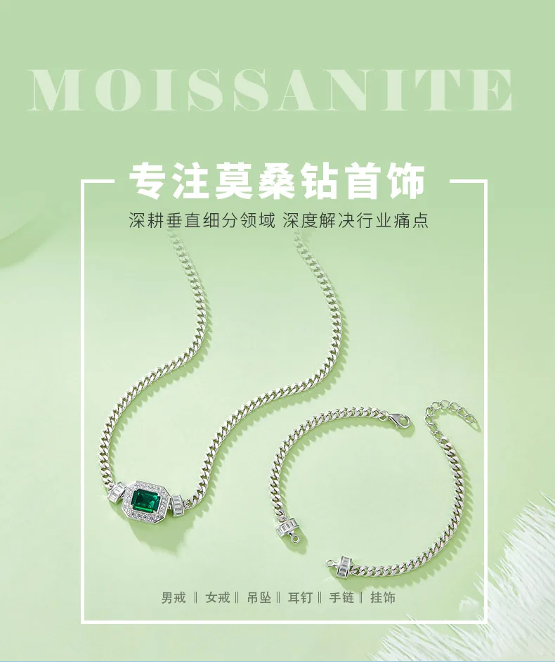 PL1548-1 Rectangle Lab-Grown Emerald S925 White-Gold-Plated Silver Necklace Brac