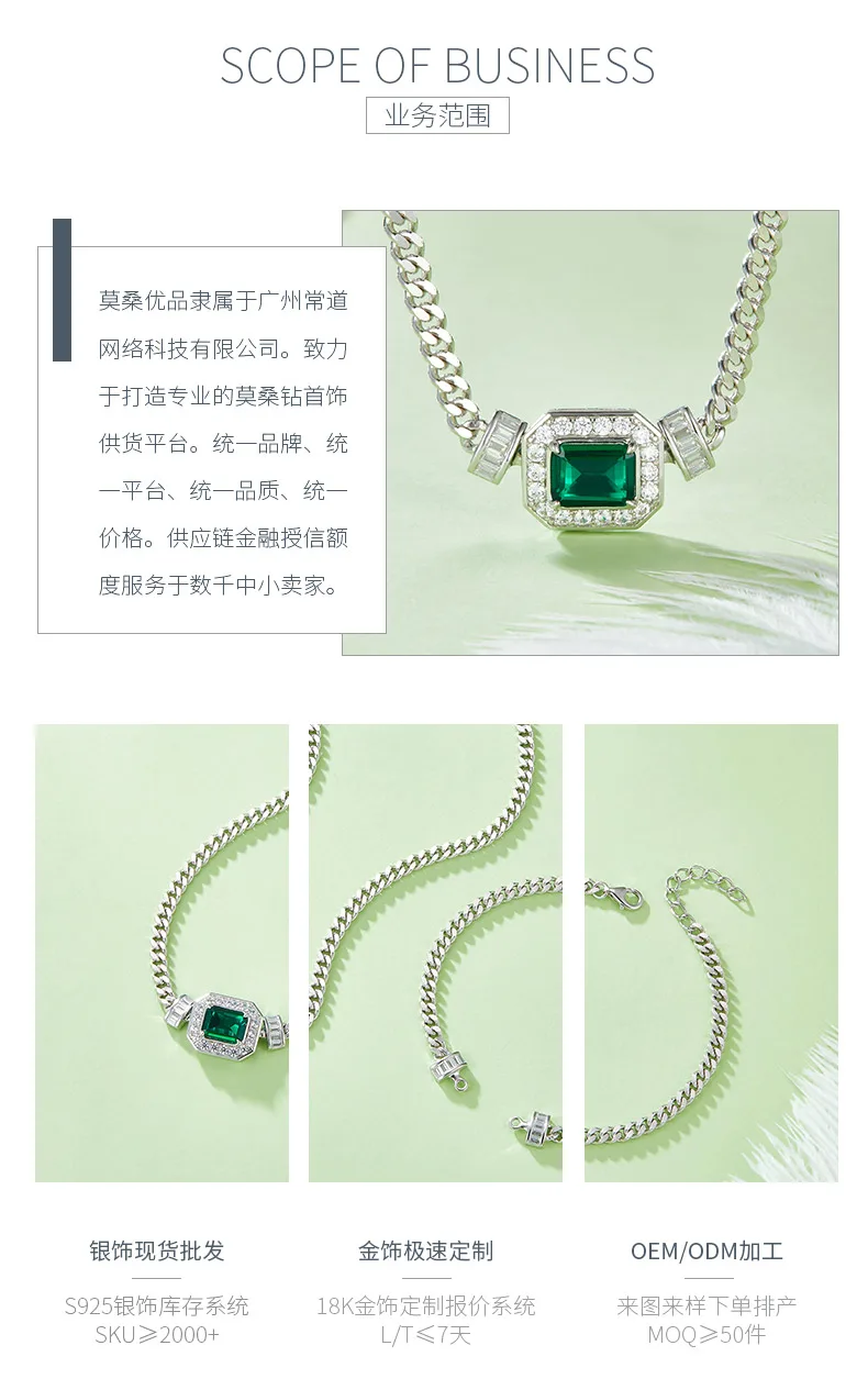 PL1548-1 Rectangle Lab-Grown Emerald S925 White-Gold-Plated Silver Necklace Brac