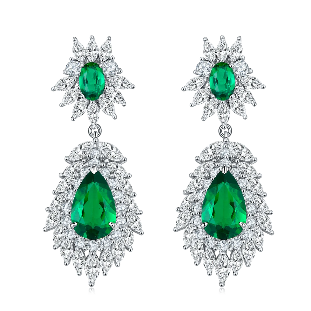 E0072 Pear Lab-Grown Emerald S925 White-Gold-Plated Silver Earrings Center Stone 11*7mm/4.12CT