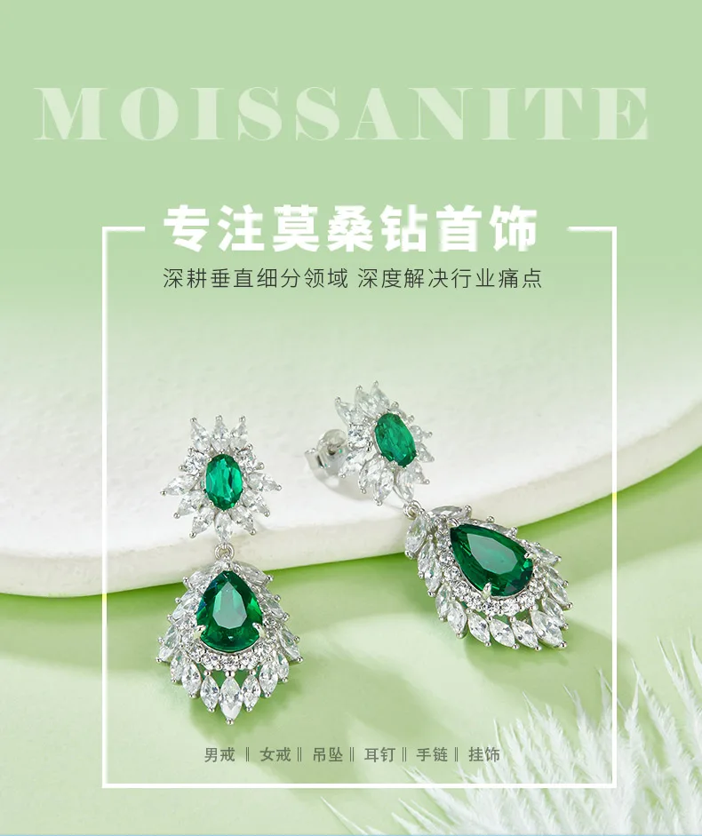 E0072 Pear Lab-Grown Emerald S925 White-Gold-Plated Silver Earrings Center Stone