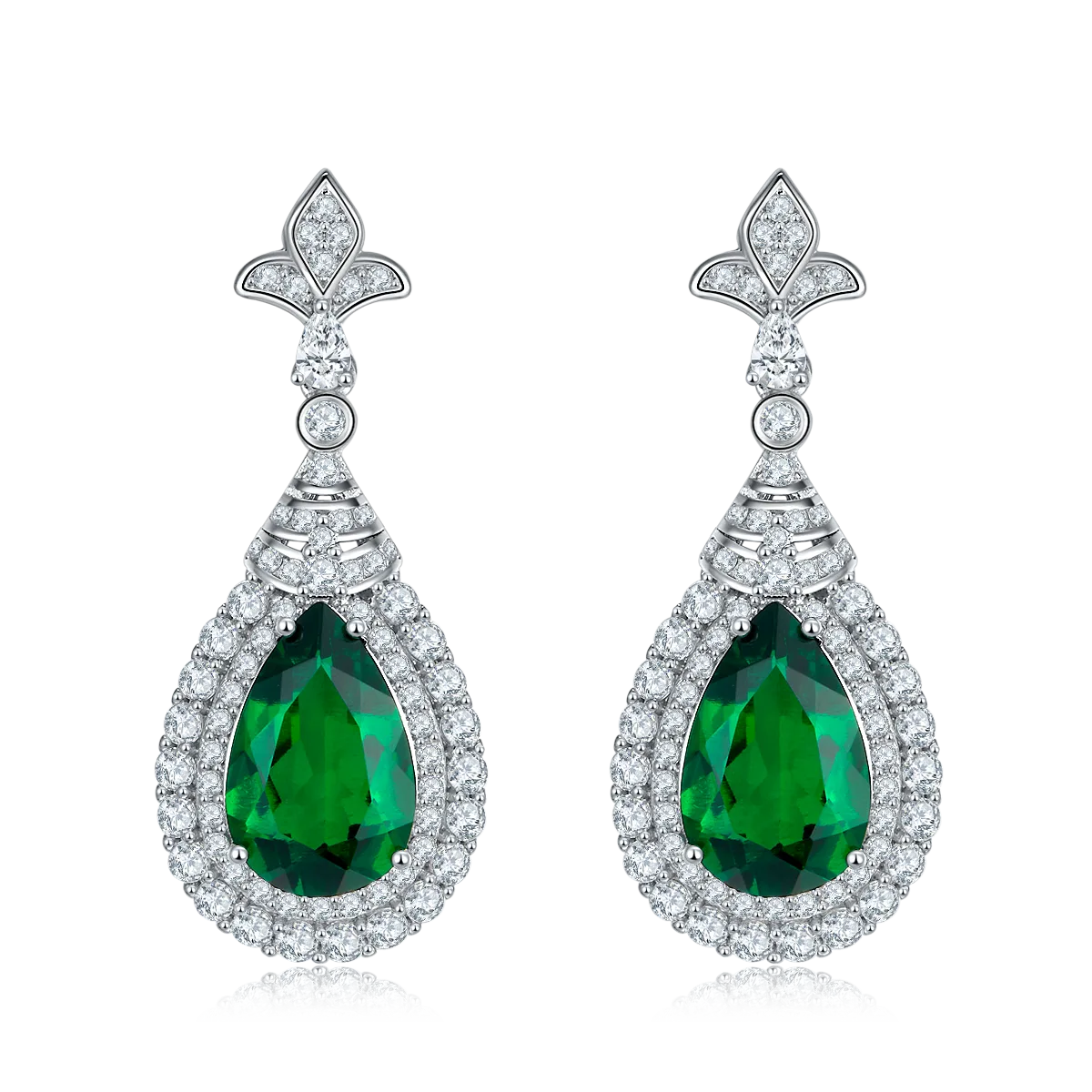 E2020969 Pear Lab-Grown Emerald S925 White-Gold-Plated Silver Earrings Center Stone 11*7mm/3.4CT