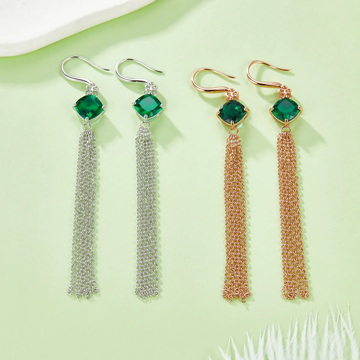 E2020983 Cushion Lab-Grown Emerald S925 Silver Earrings Center Stone 8.0mm/3.7CT
