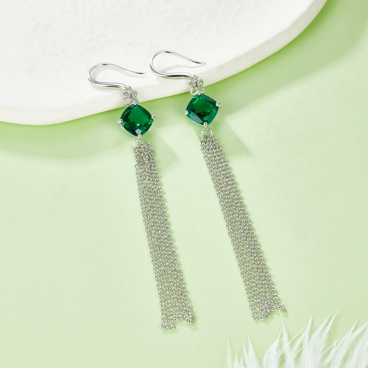 E2020983 Cushion Lab-Grown Emerald S925 Silver Earrings Center Stone 8.0mm/3.7CT