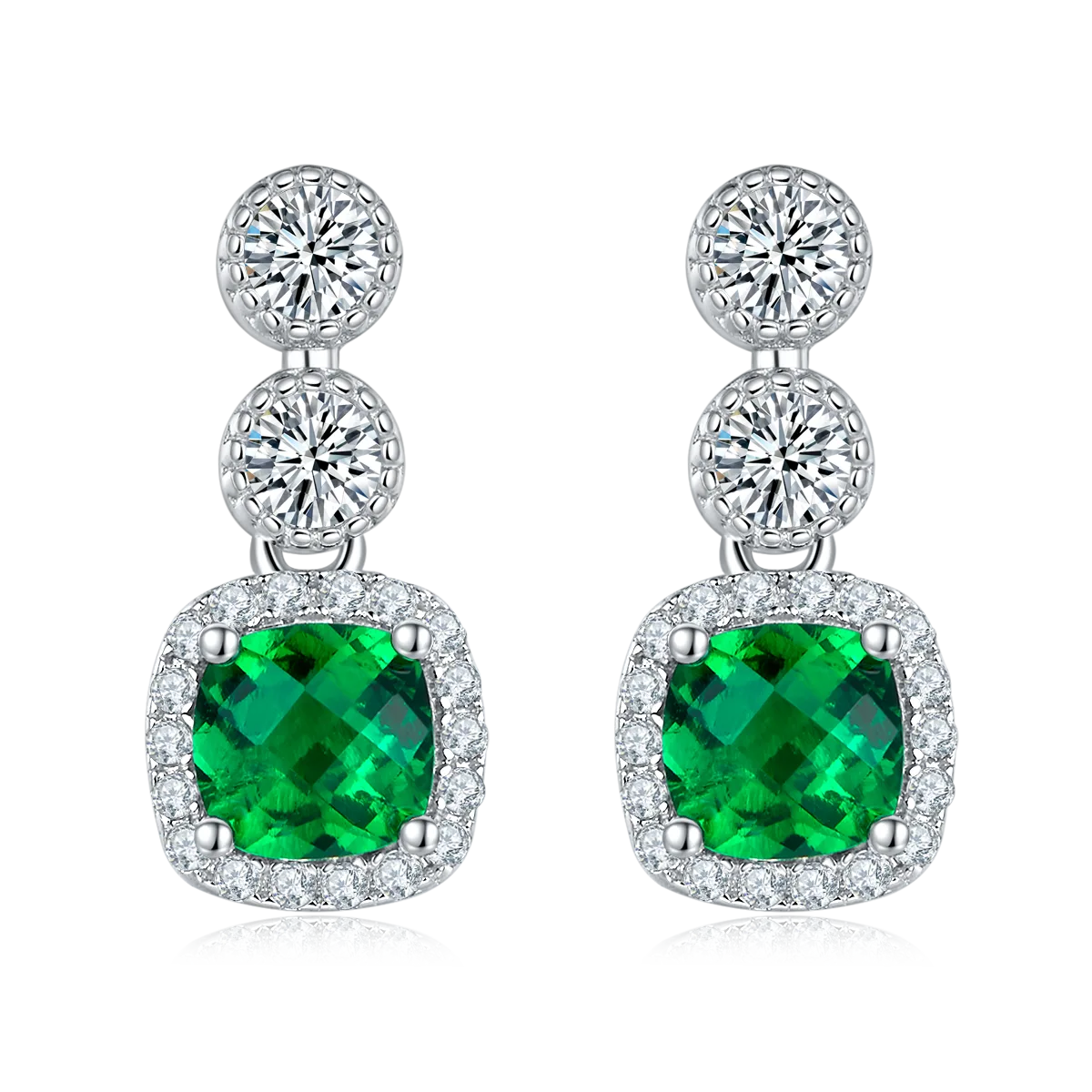 E2020425 Cushion Lab-Grown Emerald S925 White-Gold-Plated Silver Earrings Center Stone 5*5mm/0.98CT