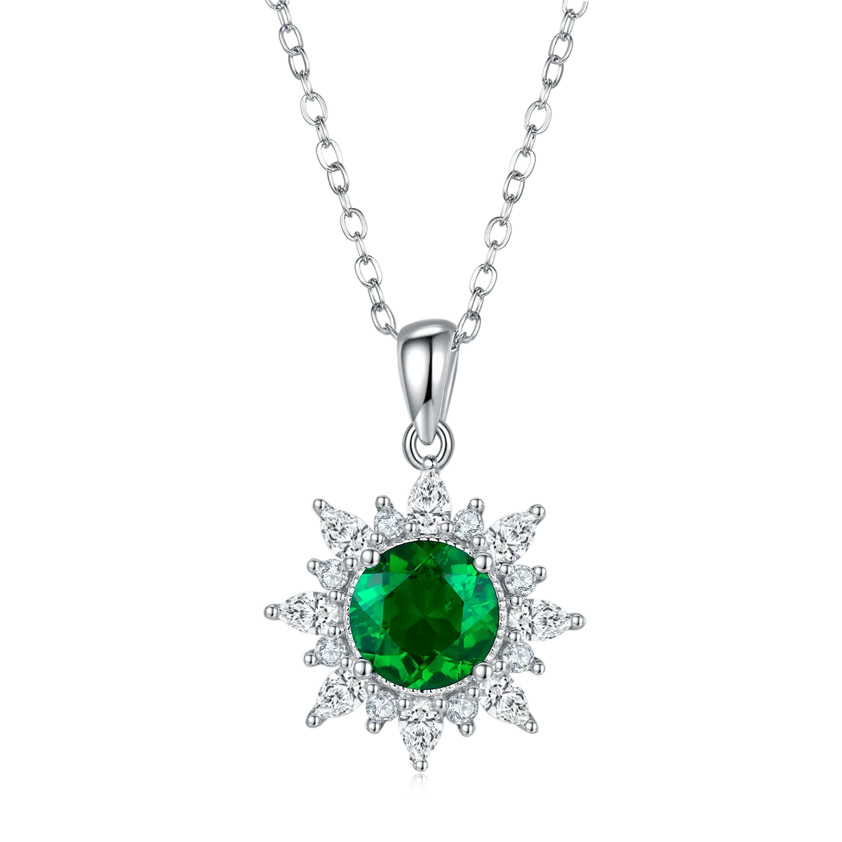 P1642 Round Lab-Grown Gemstone S925 White-Gold-Plated Silver Necklace Center Stone 7.0mm/2.0CT