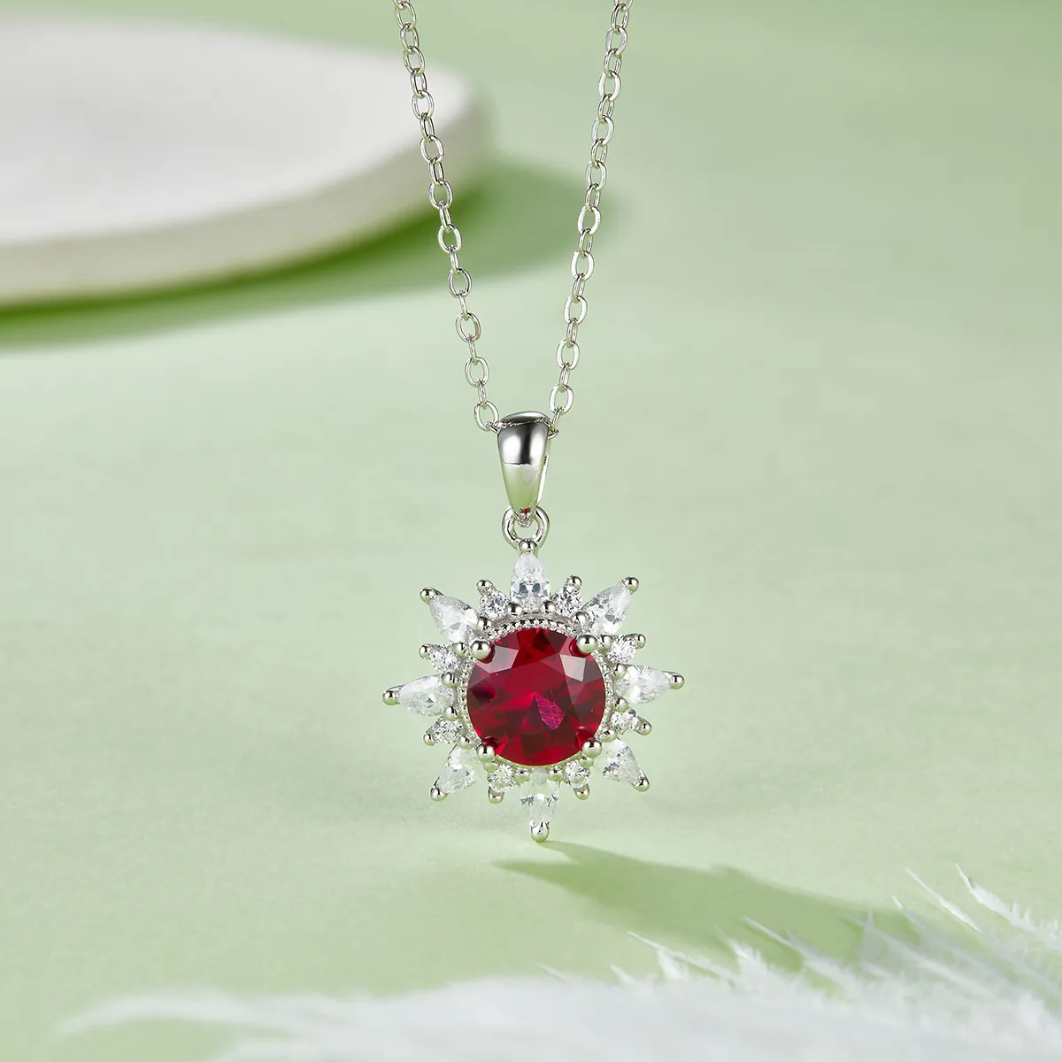 P1642 Round Lab-Grown Gemstone S925 White-Gold-Plated Silver Necklace Center Stone 7.0mm/2.0CT