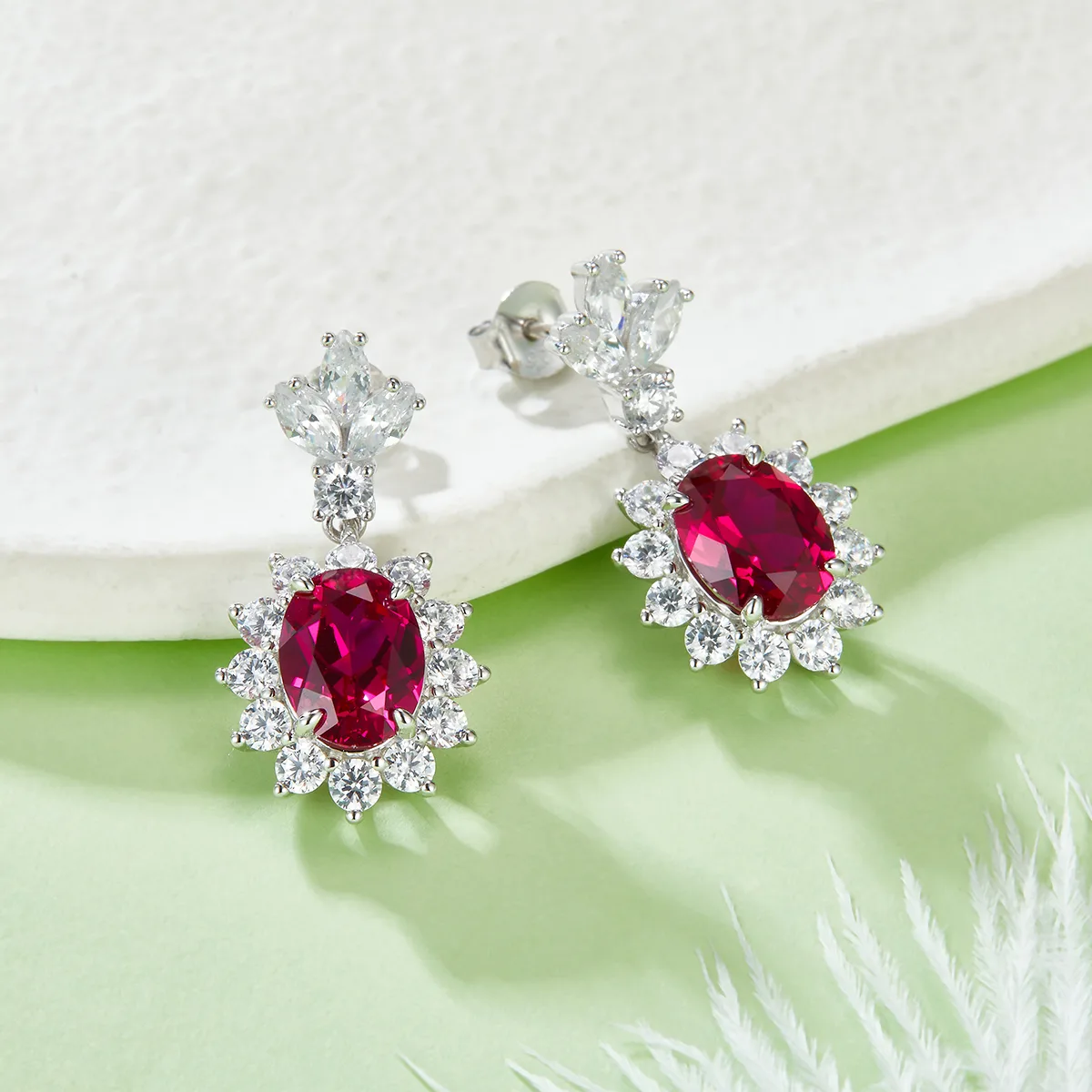P0052R Oval Lab-Grown Ruby S925 White-Gold-Plated Silver Earrings Center Stone 9*7mm/3.2CT