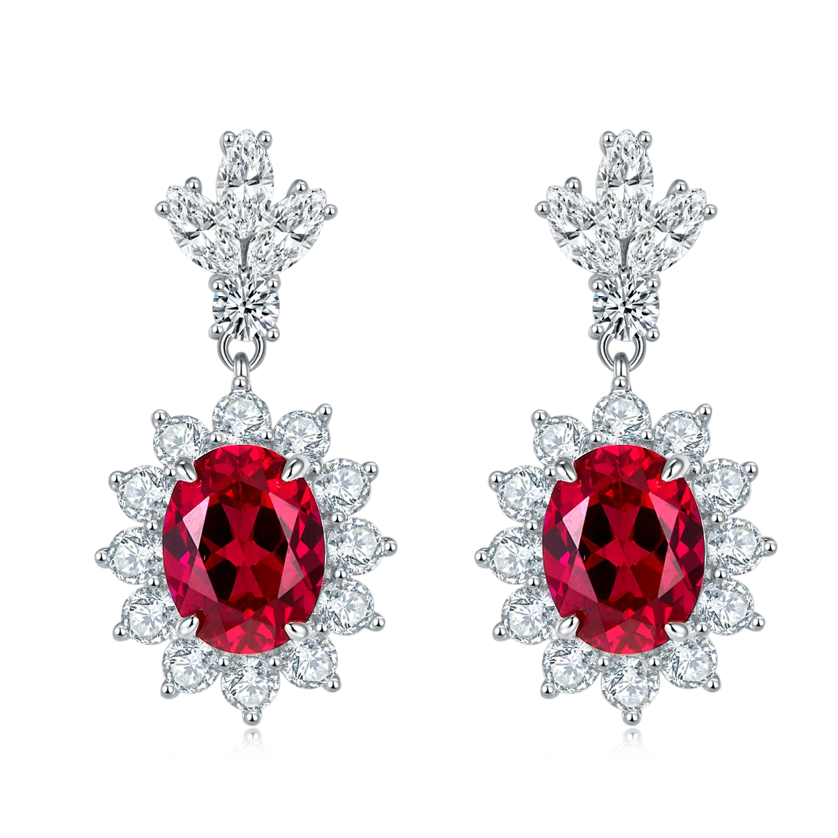 P0052R Oval Lab-Grown Ruby S925 White-Gold-Plated Silver Earrings Center Stone 9*7mm/3.2CT