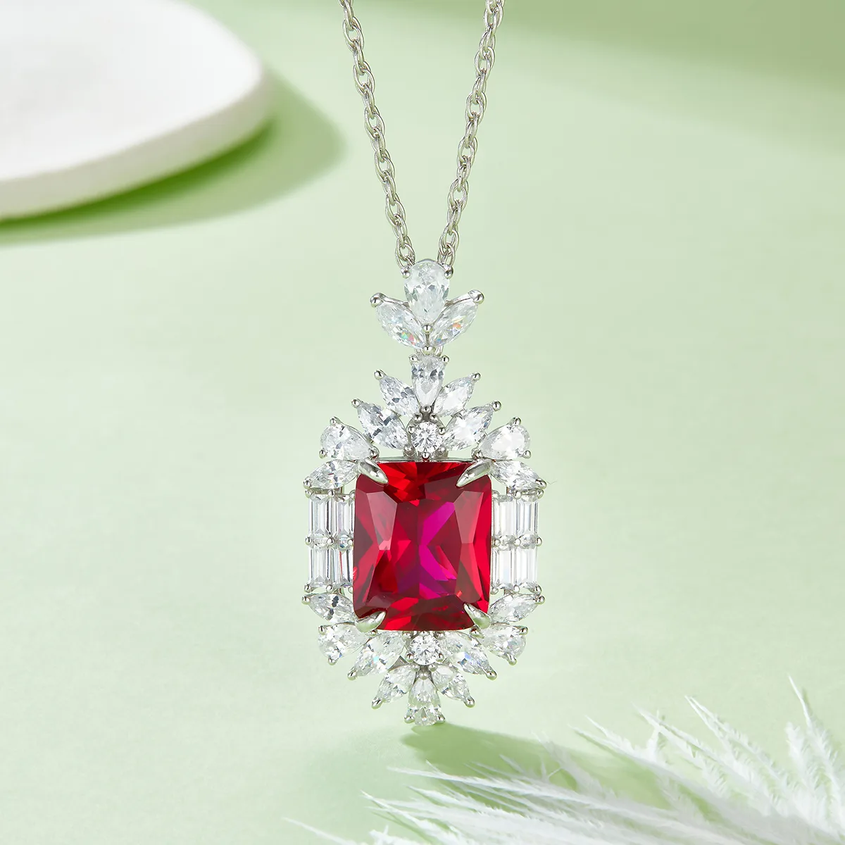 P-015R Rectangle Lab-Grown Ruby S925 White-Gold-Plated Silver Necklace Center Stone 15*12mm/12.86CT