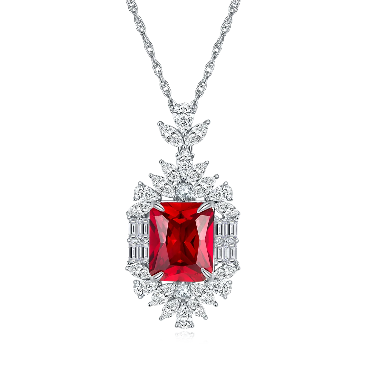 P-015R Rectangle Lab-Grown Ruby S925 White-Gold-Plated Silver Necklace Center Stone 15*12mm/12.86CT