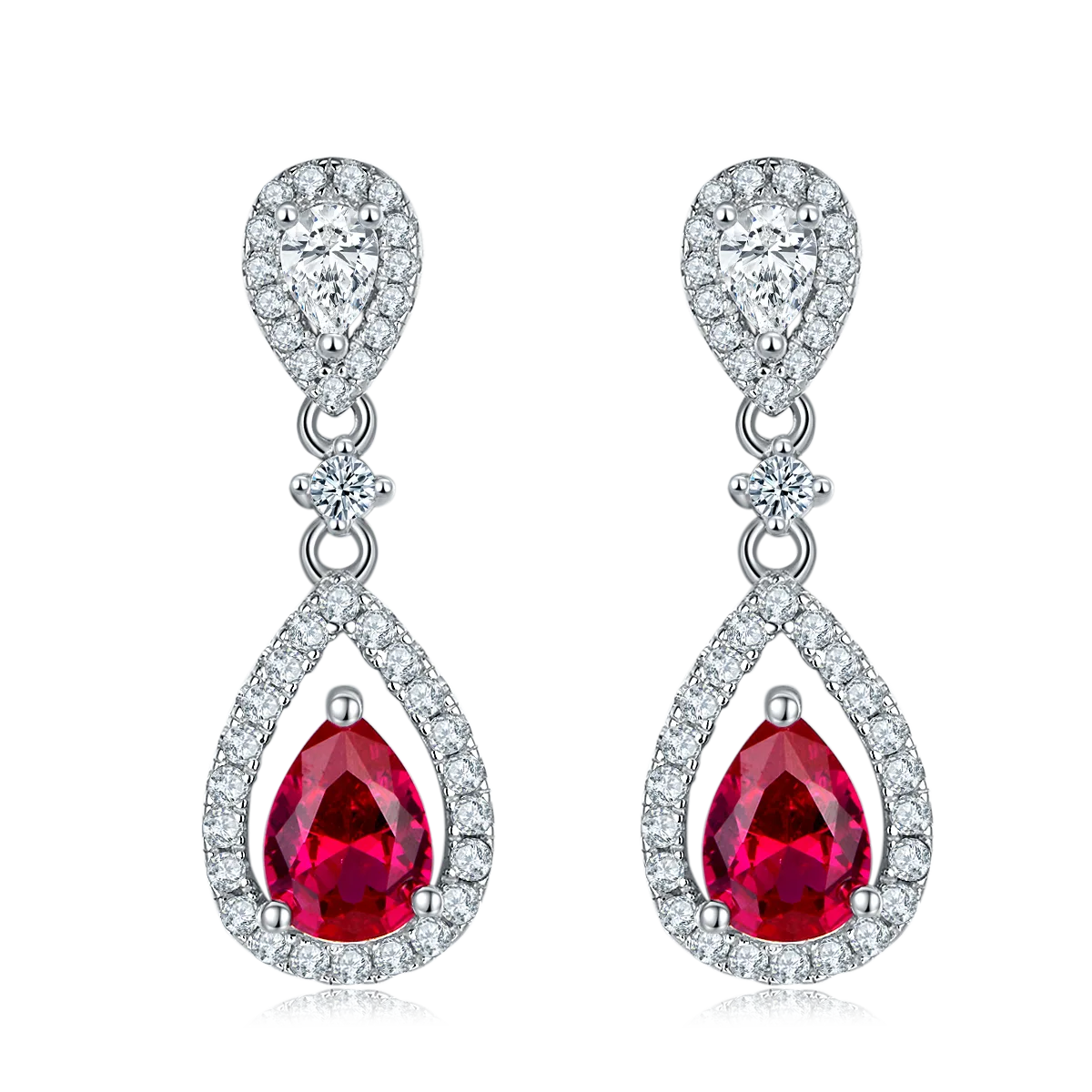 E1634R Pear Lab-Grown Ruby S925 White-Gold-Plated Silver Earrings Center Stone 7*5mm/1.5CT