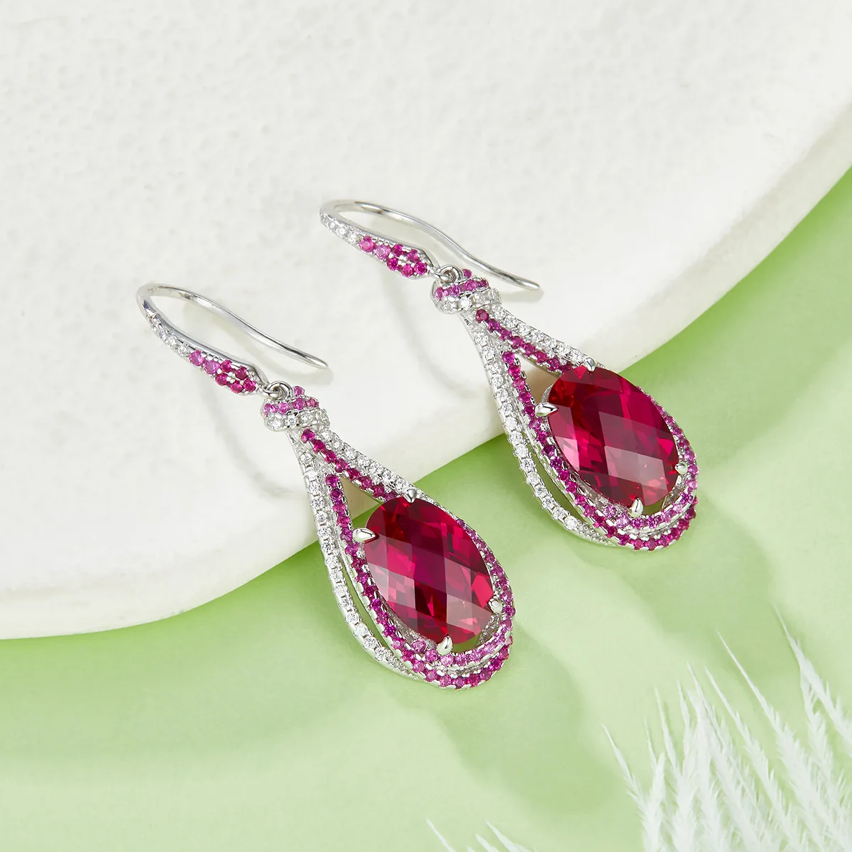 E1457 Oval Lab-Grown Gemstone S925 White-Gold-Plated Silver Earrings Center Stone 12*7mm/7.0CT