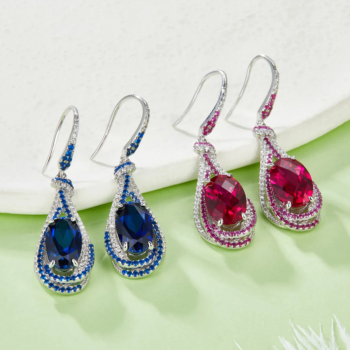 E1457 Oval Lab-Grown Gemstone S925 White-Gold-Plated Silver Earrings Center Stone 12*7mm/7.0CT