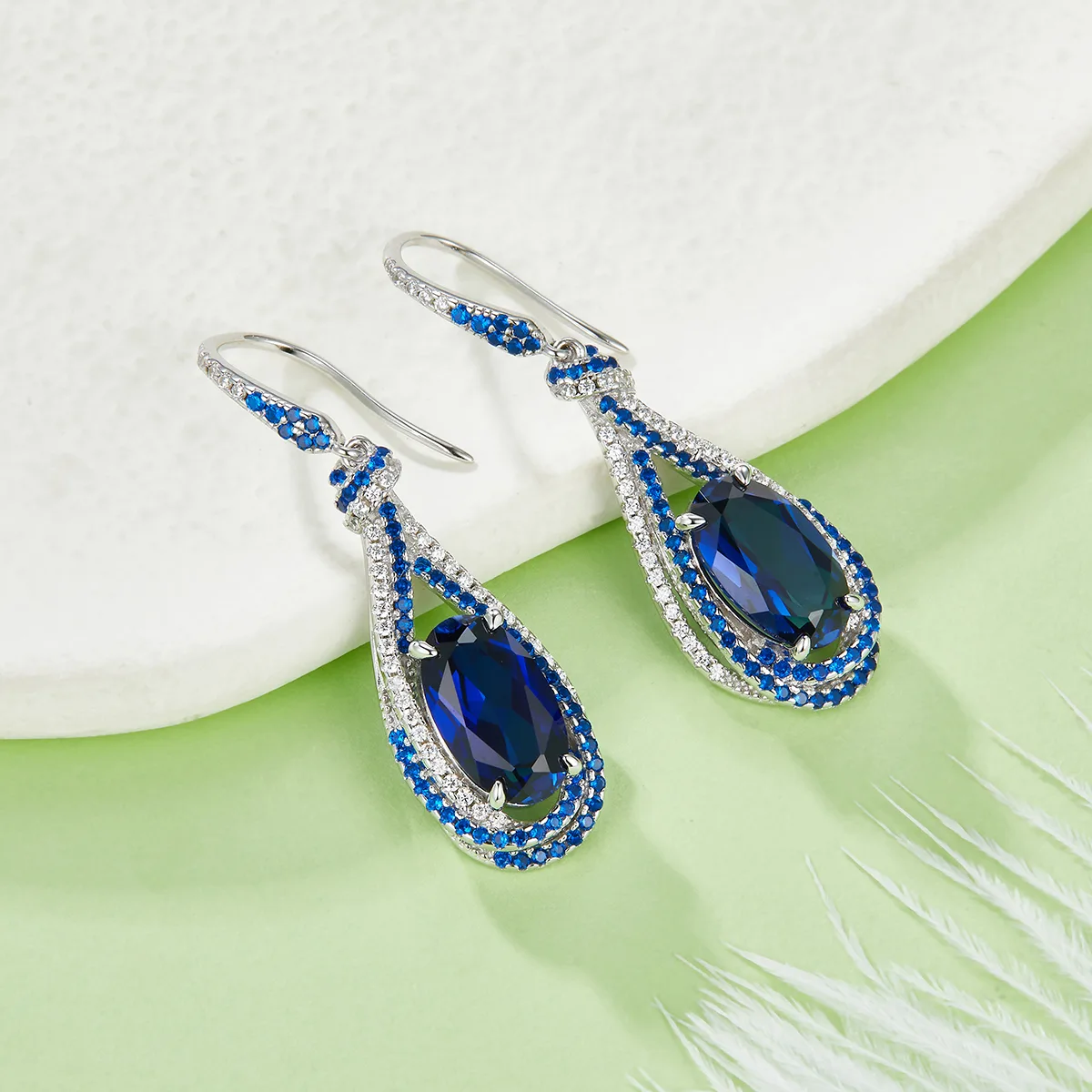 E1457 Oval Lab-Grown Gemstone S925 White-Gold-Plated Silver Earrings Center Stone 12*7mm/7.0CT