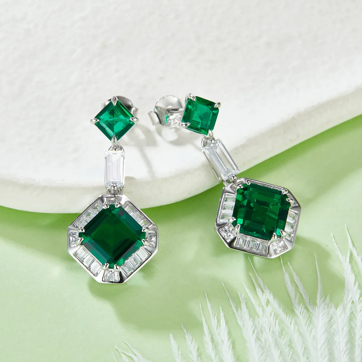 E0824 Asscher Lab-Grown Emerald S925 Silver Earrings Center Stone 8*8mm/5.13CT