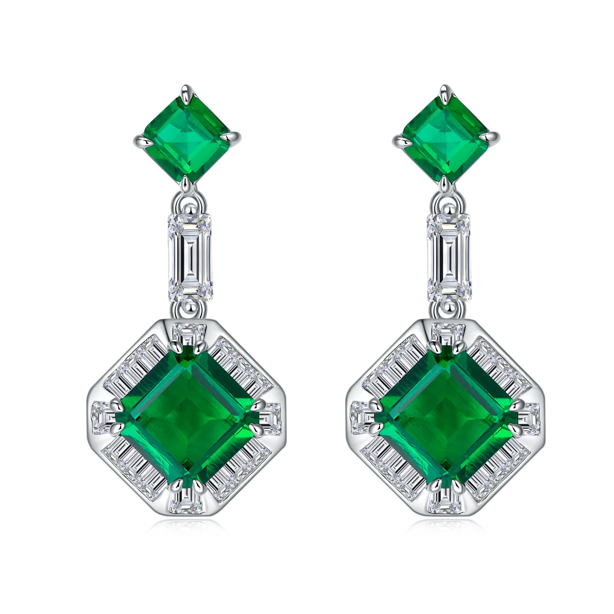 E0824 Asscher Lab-Grown Emerald S925 Silver Earrings Center Stone 8*8mm/5.13CT