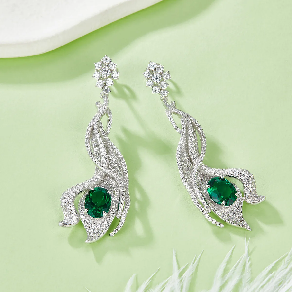 E0813 Oval Lab-Grown Gemstone S925 White-Gold-Plated Silver Earrings Center Stone 9*7mm/5.0CT