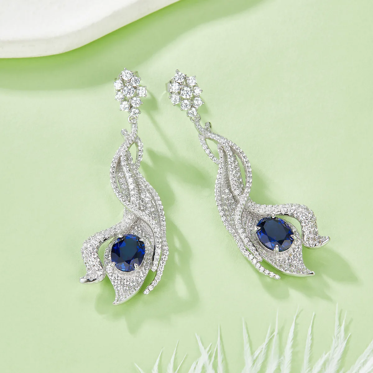 E0813 Oval Lab-Grown Gemstone S925 White-Gold-Plated Silver Earrings Center Stone 9*7mm/5.0CT