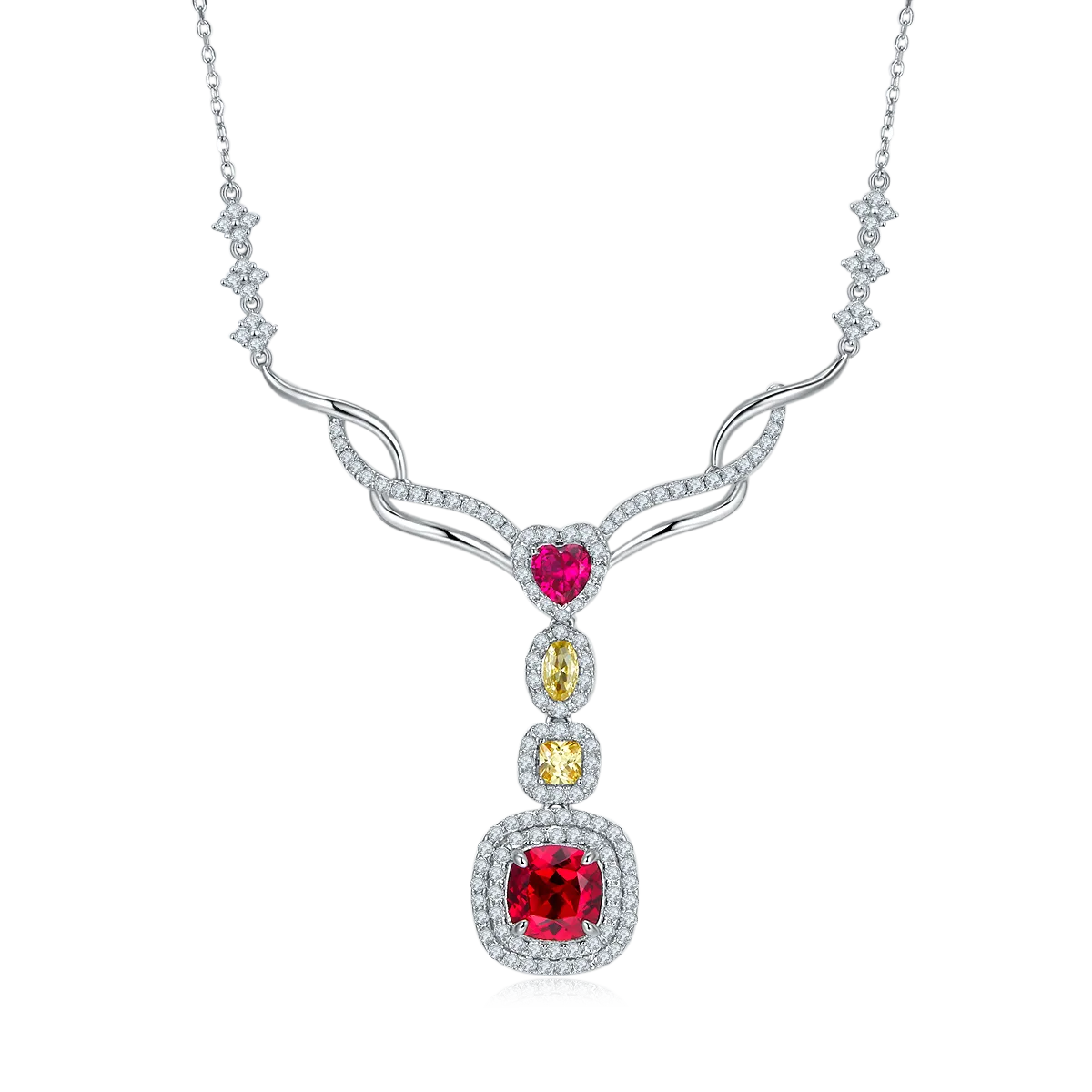 P0864 Cushion Lab-Grown Gemstone S925 White-Gold-Plated Silver Necklace 2.96CT